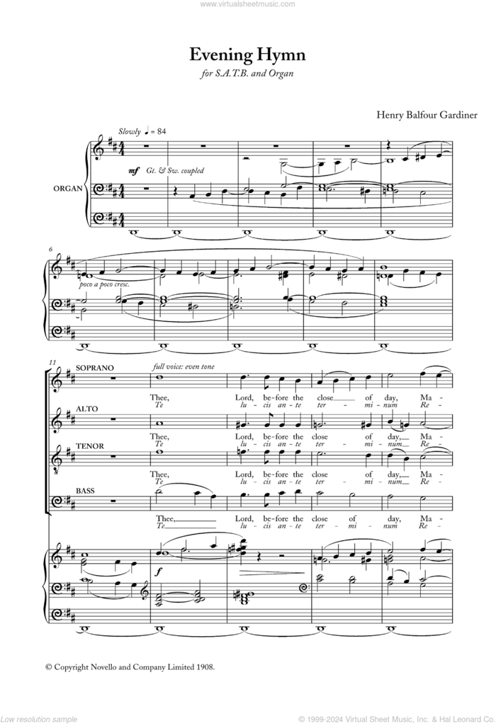 Evening Hymn sheet music for choir (SATB: soprano, alto, tenor, bass) by Henry Balfour Gardiner, H. Balfour Gardiner and Miscellaneous, classical score, intermediate skill level