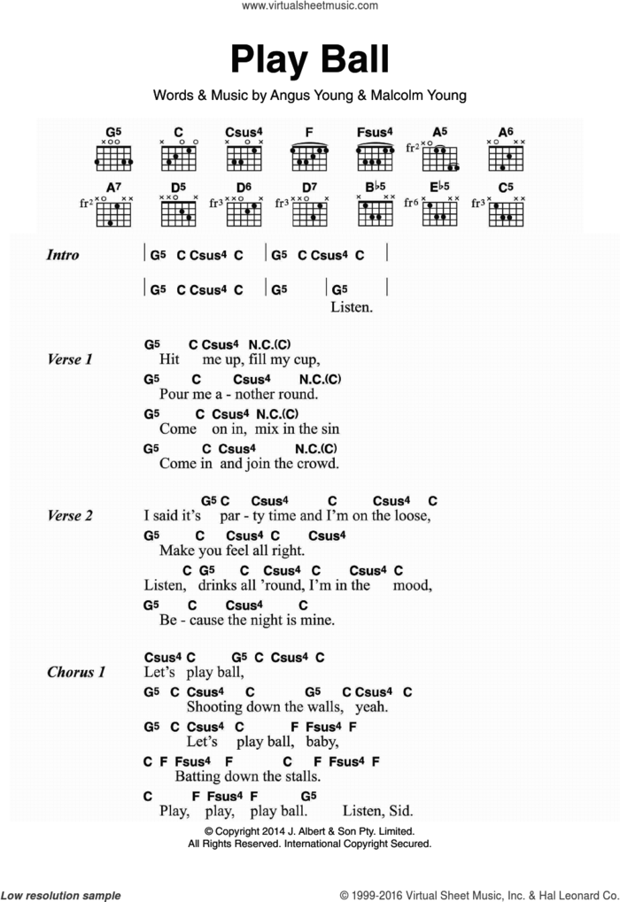 Play Ball sheet music for guitar (chords) by AC/DC, Angus Young and Malcolm Young, intermediate skill level