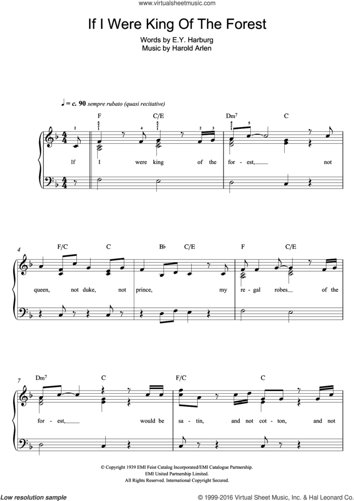 If I Were The King Of The Forest sheet music for piano solo by Harold Arlen and E.Y. Harburg, easy skill level