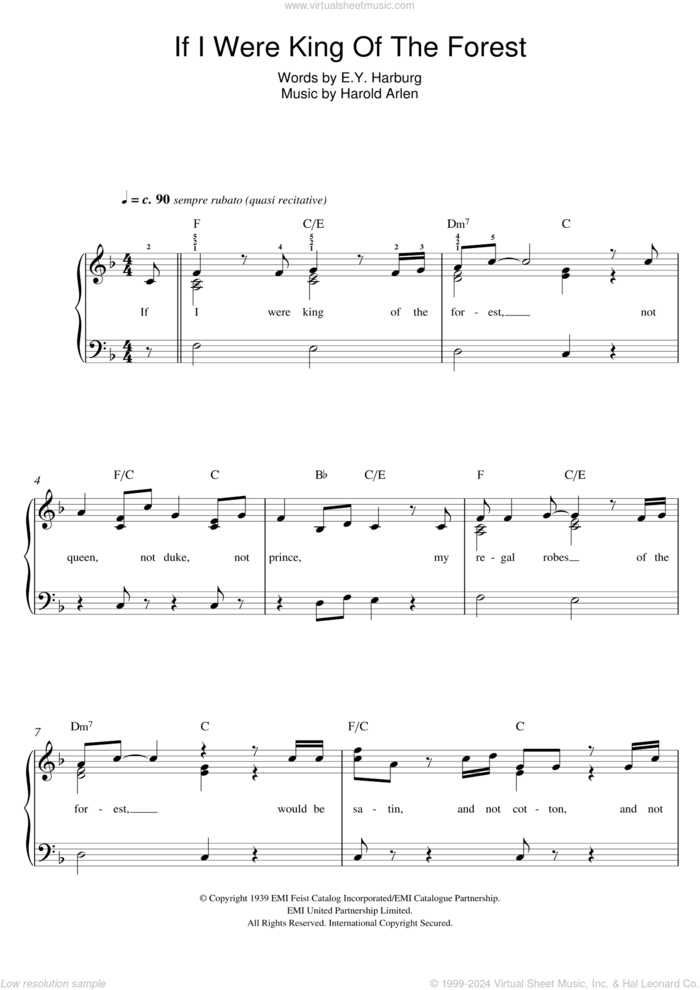 If I Were The King Of The Forest sheet music for piano solo by Harold Arlen and E.Y. Harburg, easy skill level