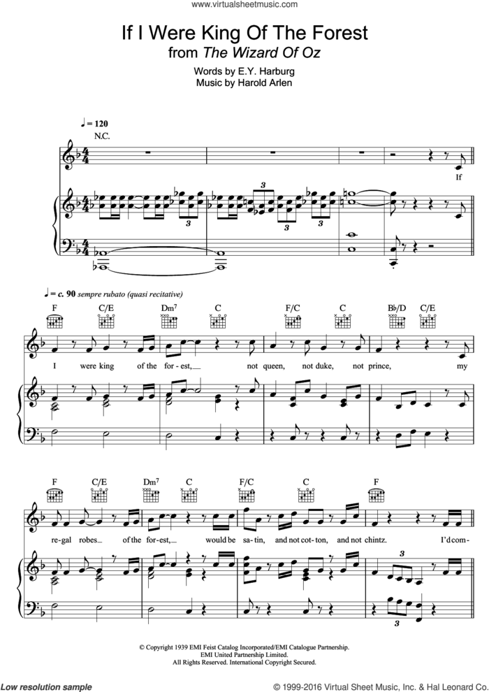 If I Were The King Of The Forest (from 'The Wizard Of Oz') sheet music for voice, piano or guitar by Harold Arlen and E.Y. Harburg, intermediate skill level