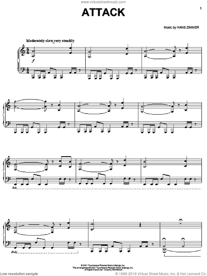 Attack sheet music for piano solo by Hans Zimmer and Pearl Harbor (Movie), intermediate skill level
