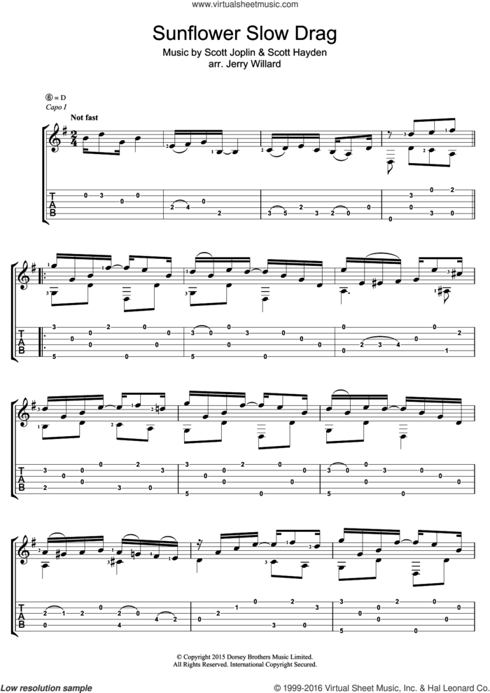 Sunflower Slow Drag sheet music for guitar (tablature) by Scott Joplin, Jerry Willard and Scott Hayden, intermediate skill level