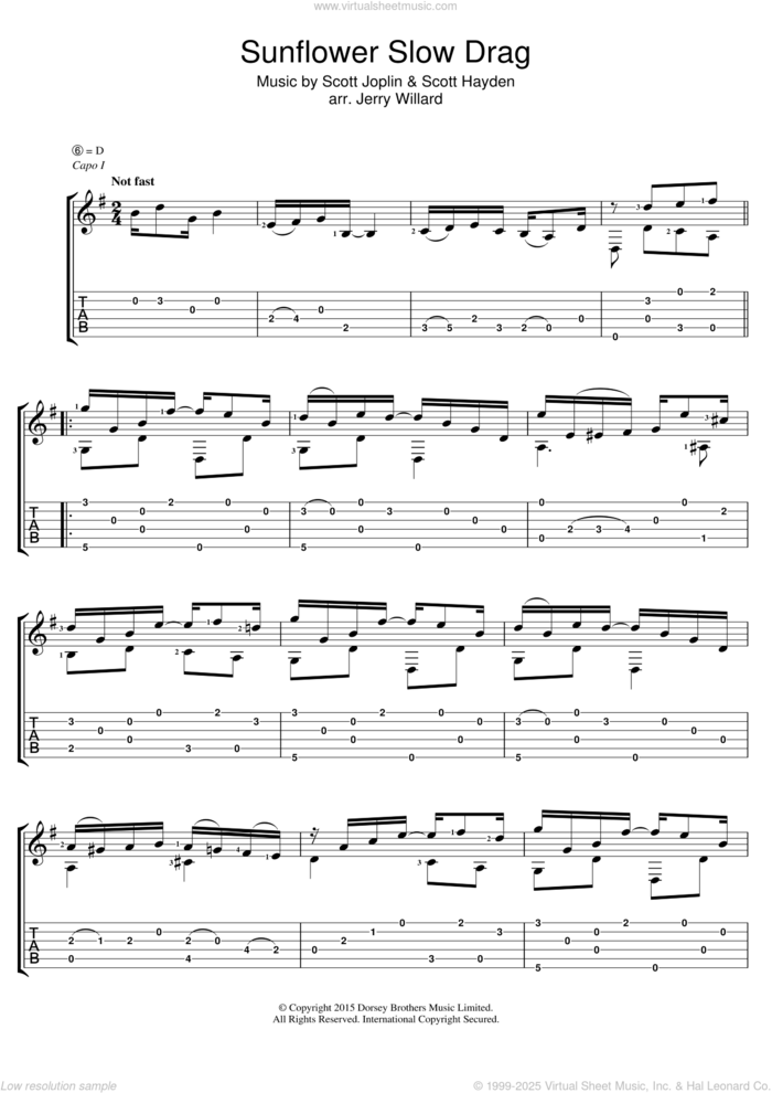 Sunflower Slow Drag sheet music for guitar (tablature) by Scott Joplin, Jerry Willard and Scott Hayden, intermediate skill level