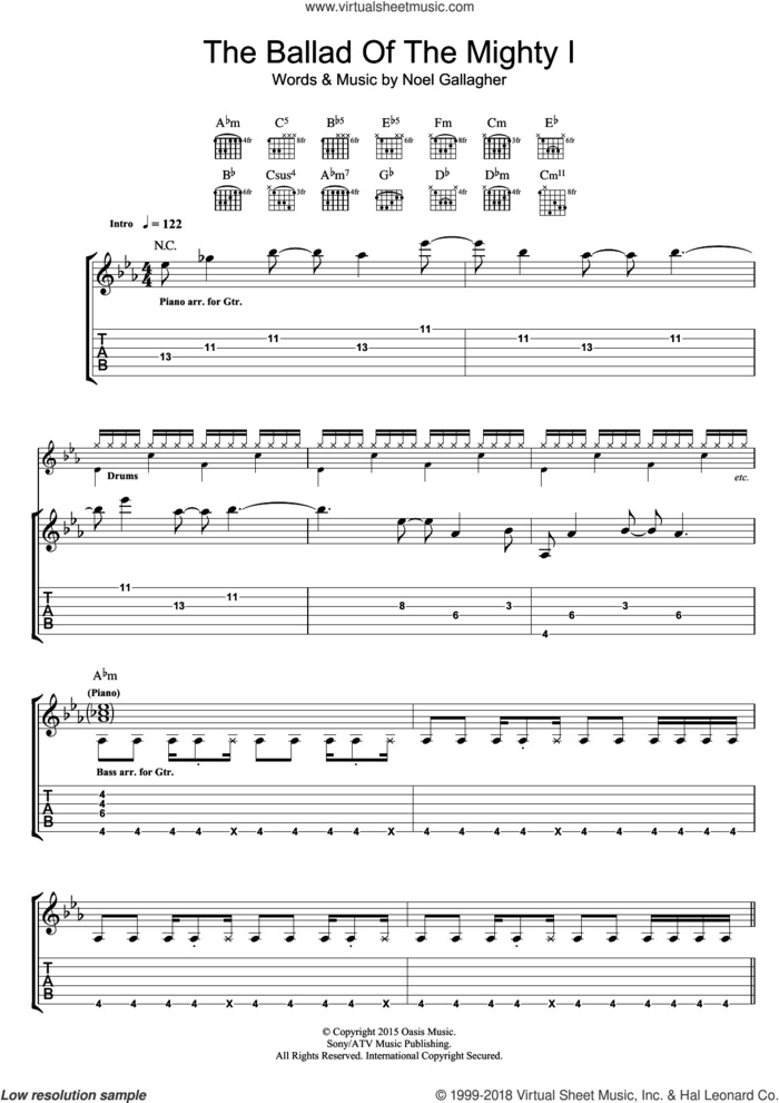 Ballad Of The Mighty I sheet music for guitar (tablature) by Noel Gallagher's High Flying Birds and Noel Gallagher, intermediate skill level