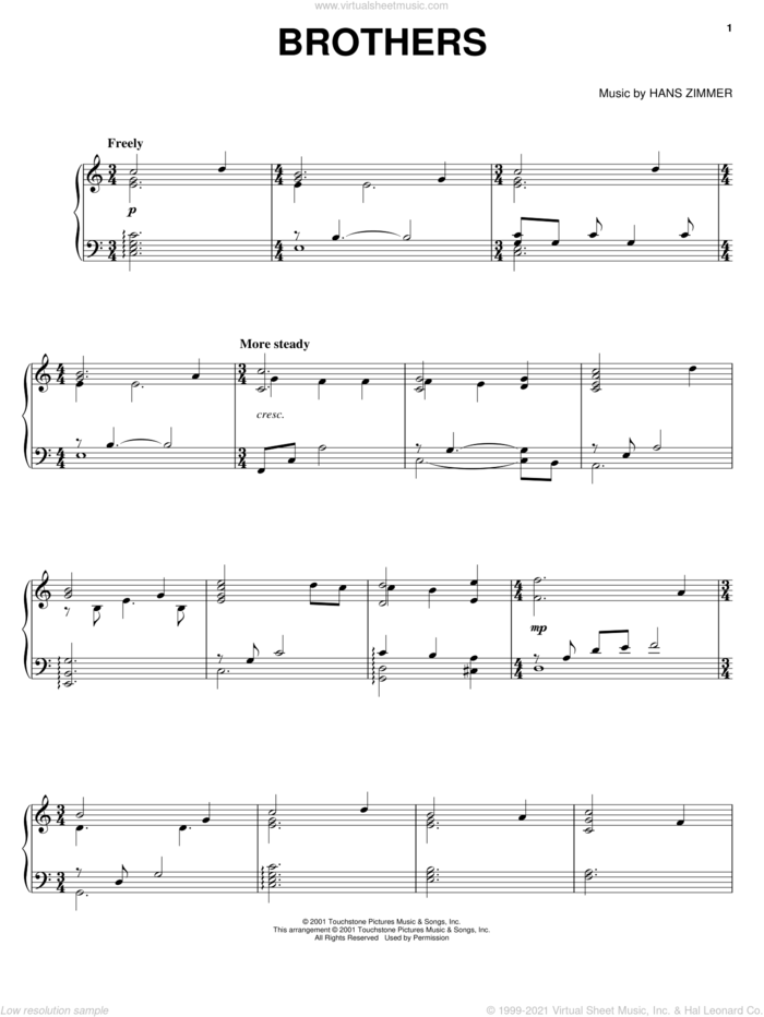 Brothers sheet music for piano solo by Hans Zimmer and Pearl Harbor (Movie), intermediate skill level