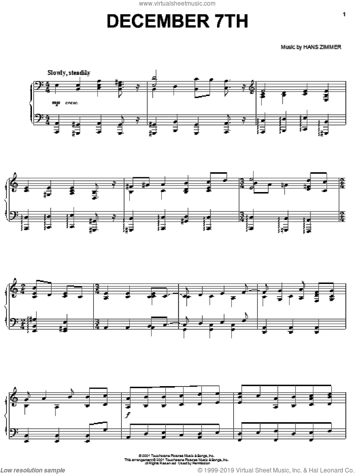 December 7th sheet music for piano solo by Hans Zimmer and Pearl Harbor (Movie), intermediate skill level