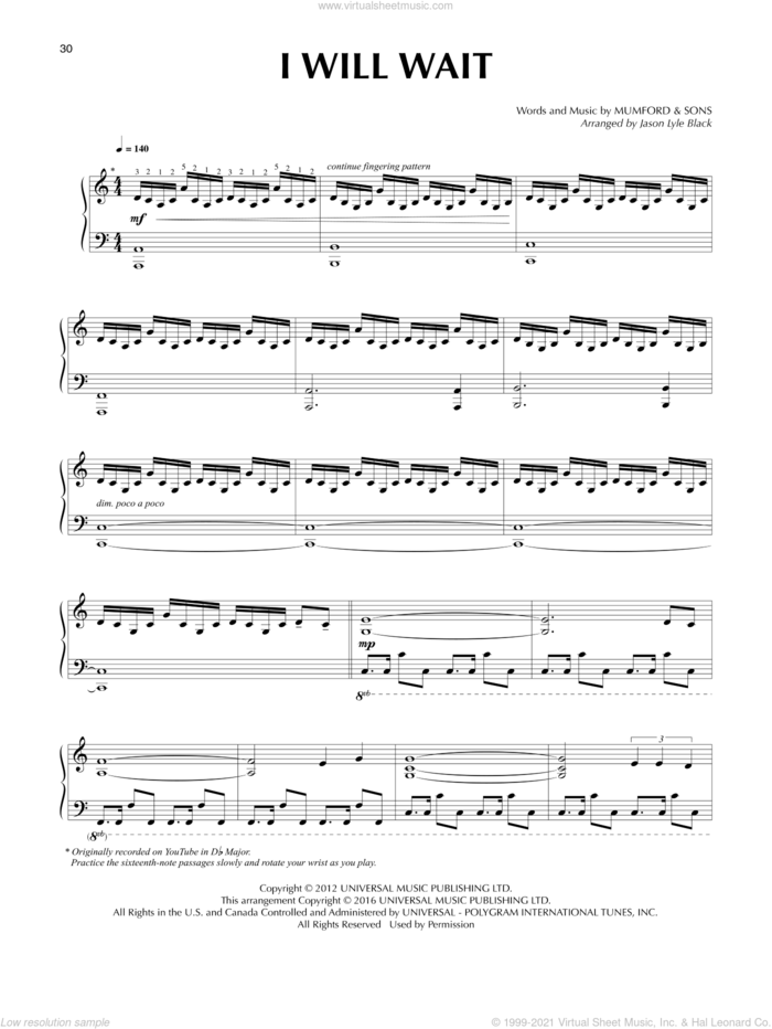 I Will Wait (arr. Jason Lyle Black) sheet music for piano solo by Mumford & Sons and Jason Lyle Black, intermediate skill level