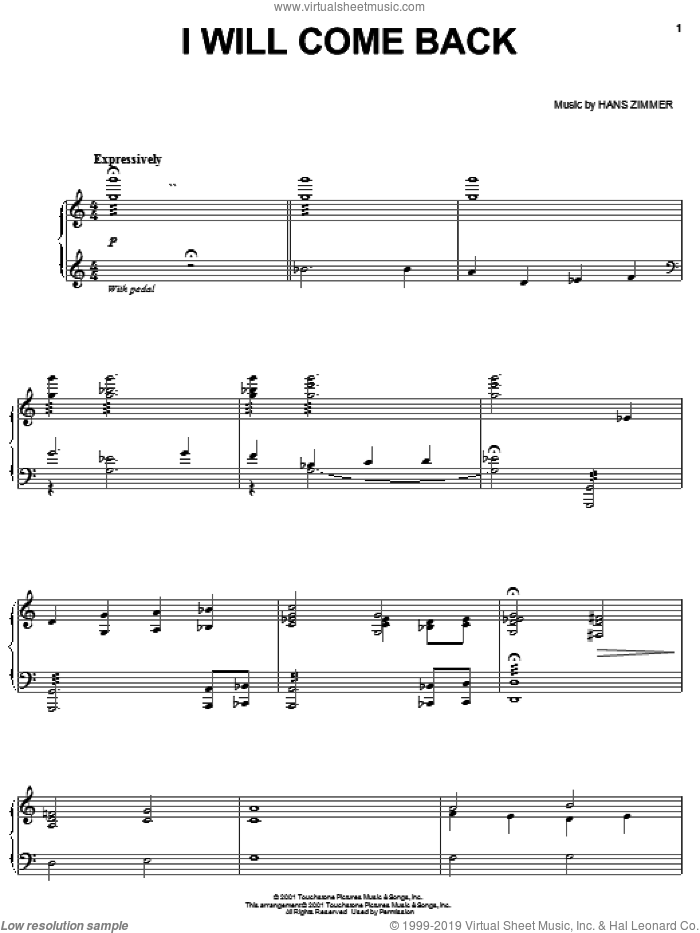 I Will Come Back sheet music for piano solo by Hans Zimmer and Pearl Harbor (Movie), intermediate skill level