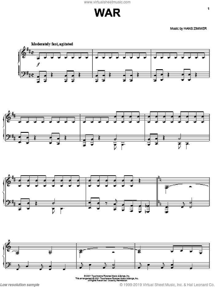 War sheet music for piano solo by Hans Zimmer and Pearl Harbor (Movie), intermediate skill level