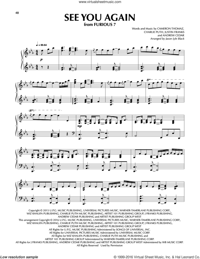 See You Again (feat. Charlie Puth) (arr. Jason Lyle Black) sheet music for piano solo by Wiz Khalifa, Jason Lyle Black, Wiz Khalifa feat. Charlie Puth, Andrew Cedar, Cameron Thomaz, Charlie Puth and Justin Franks, intermediate skill level