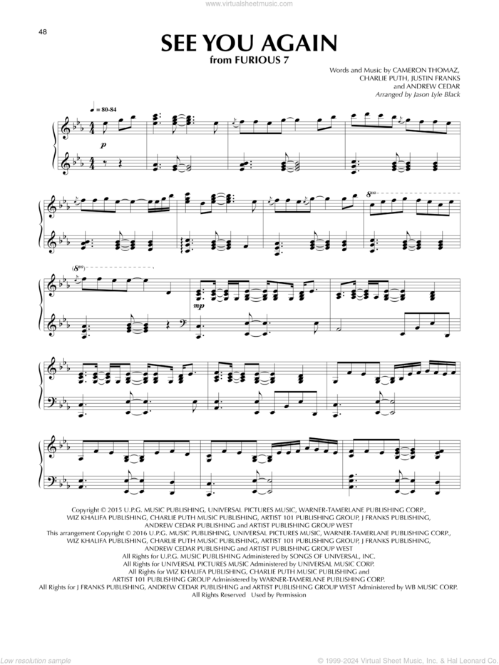 See You Again (feat. Charlie Puth) (arr. Jason Lyle Black) sheet music for piano solo by Wiz Khalifa, Jason Lyle Black, Wiz Khalifa feat. Charlie Puth, Andrew Cedar, Cameron Thomaz, Charlie Puth and Justin Franks, intermediate skill level