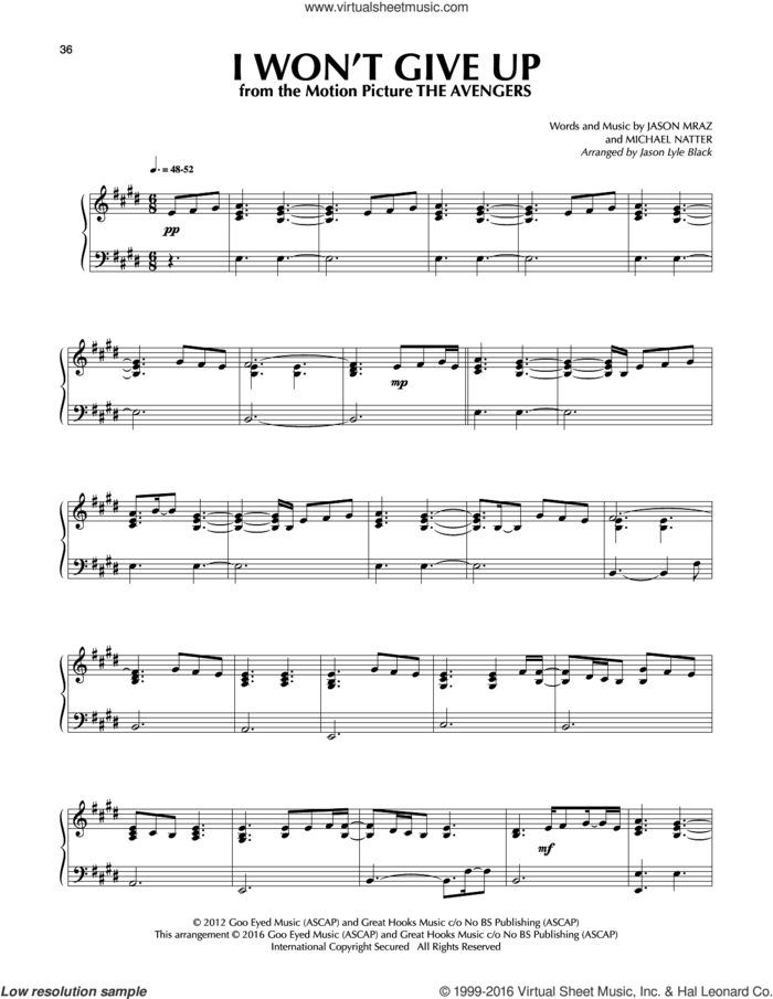 I Won't Give Up (arr. Jason Lyle Black) sheet music for piano solo by Jason Lyle Black, Jason Mraz and Michael Natter, intermediate skill level