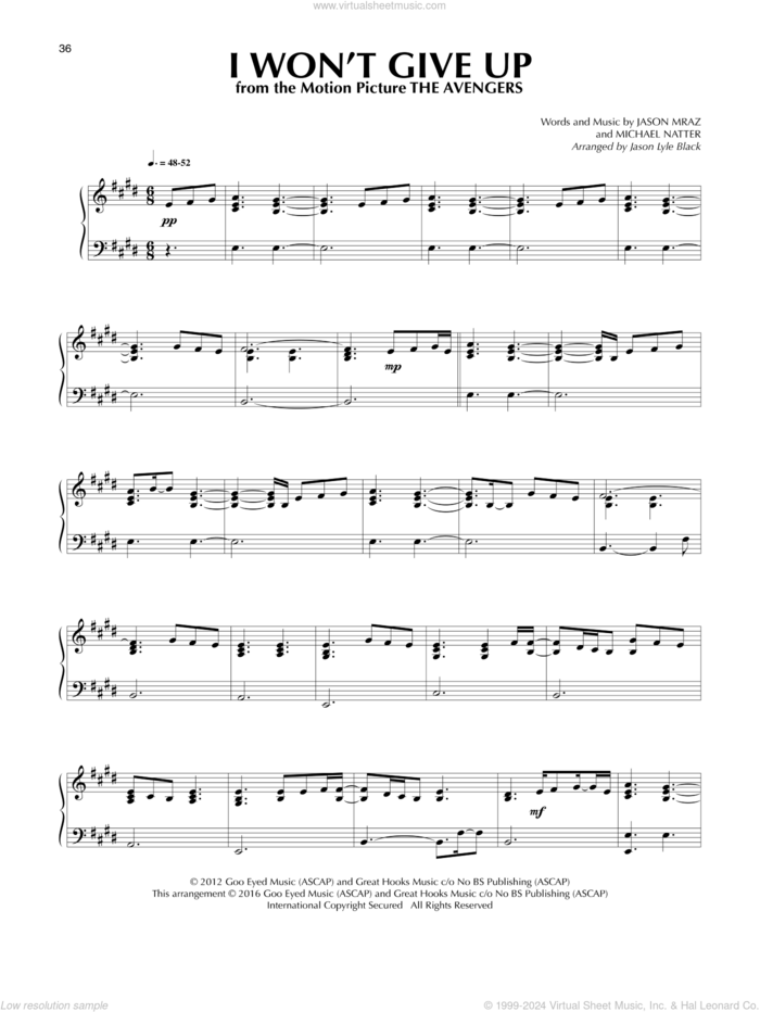 I Won't Give Up (arr. Jason Lyle Black) sheet music for piano solo by Jason Lyle Black, Jason Mraz and Michael Natter, wedding score, intermediate skill level