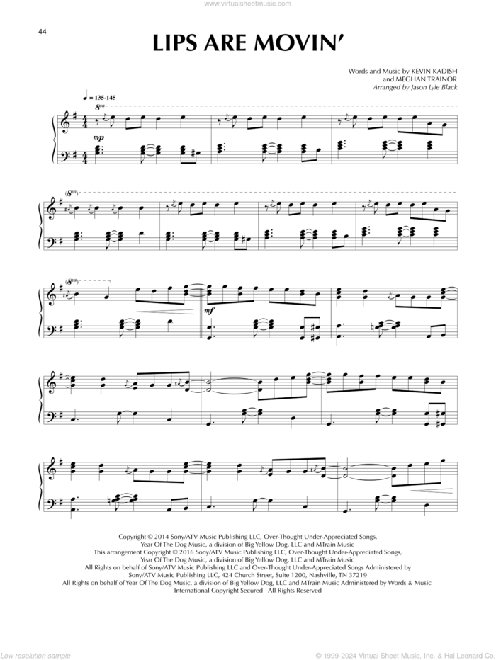 Lips Are Movin' (arr. Jason Lyle Black) sheet music for piano solo by Meghan Trainor, Jason Lyle Black and Kevin Kadish, intermediate skill level