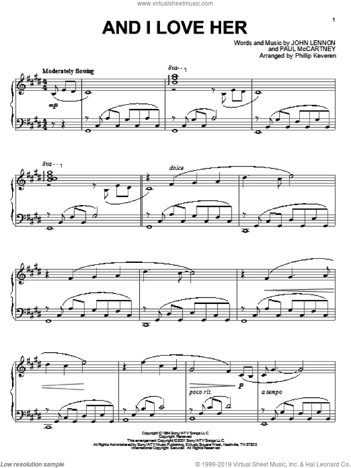 And I Love Her (arr. Phillip Keveren) sheet music for piano solo by The Beatles, Phillip Keveren, John Lennon and Paul McCartney, intermediate skill level