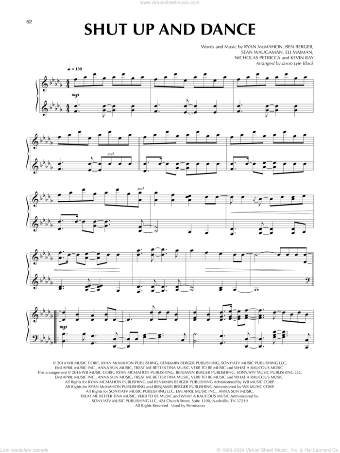 Shut Up And Dance (arr. Jason Lyle Black) sheet music for piano solo by Jason Lyle Black, Walk The Moon, Ben Berger, Eli Maiman, Kevin Ray, Nicholas Petricca, Ryan McMahon and Sean Waugaman, intermediate skill level