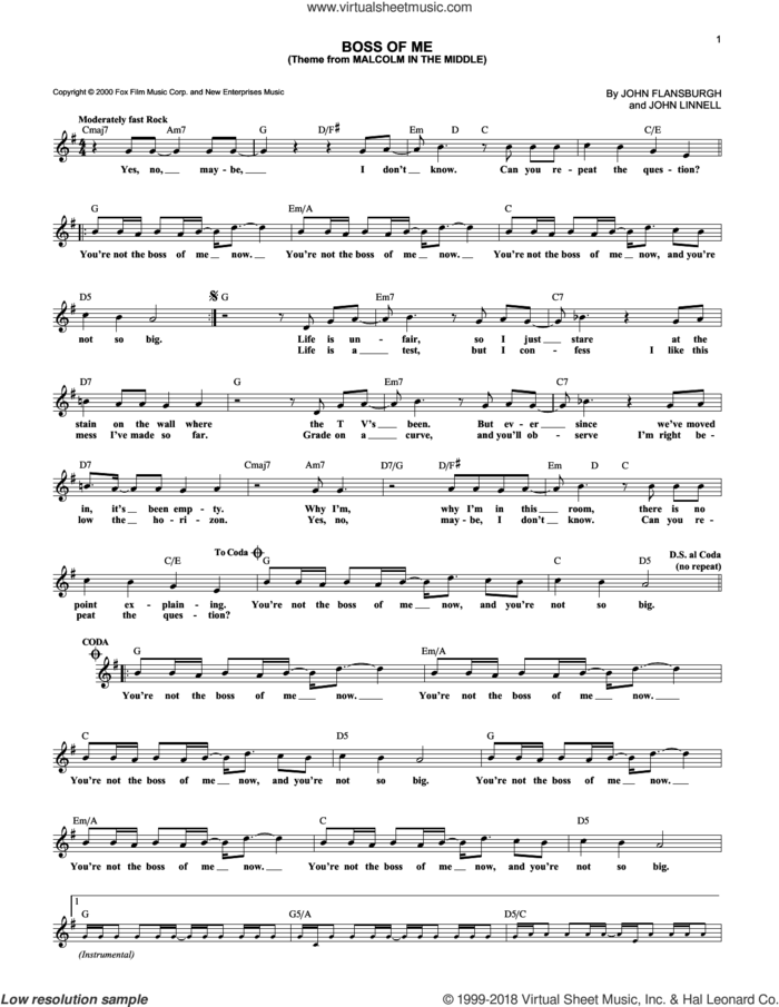Boss Of Me (Theme From Malcolm In The Middle) sheet music for voice and other instruments (fake book) by They Might Be Giants, John Flansburgh and John Linnell, intermediate skill level