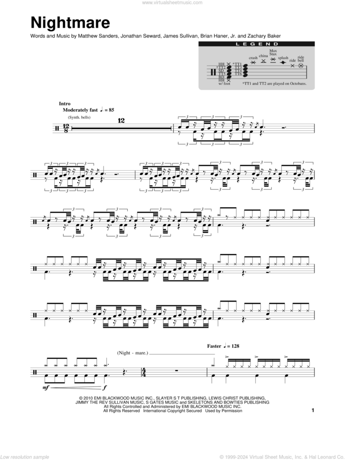 Nightmare sheet music for drums by Avenged Sevenfold, Brian Haner, Jr., James Sullivan, Jonathan Seward, Matthew Sanders and Zachary Baker, intermediate skill level