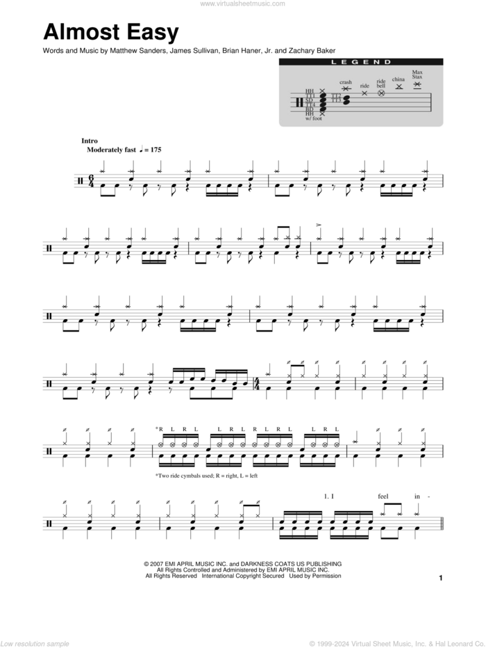 Almost Easy sheet music for drums by Avenged Sevenfold, Brian Haner, Jr., James Sullivan, Matthew Sanders and Zachary Baker, intermediate skill level