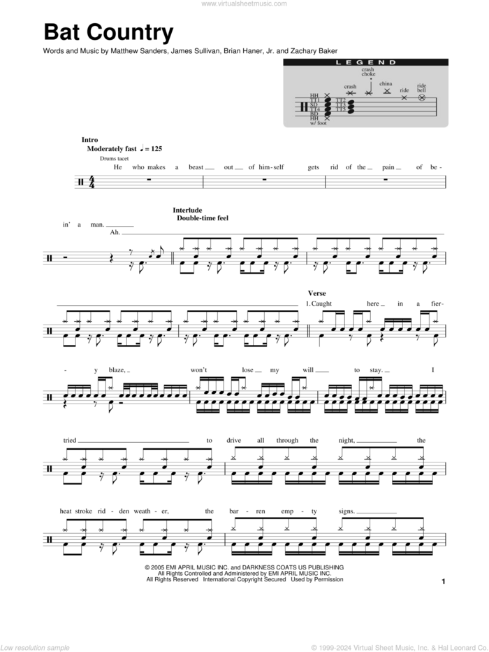 Bat Country sheet music for drums by Avenged Sevenfold, Brian Haner, Jr., James Sullivan, Matthew Sanders and Zachary Baker, intermediate skill level