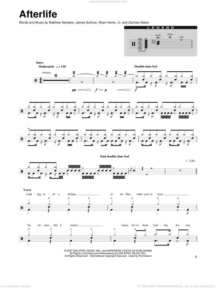 Afterlife sheet music for drums by Avenged Sevenfold, Brian Haner, Jr., James Sullivan, Matthew Sanders and Zachary Baker, intermediate skill level