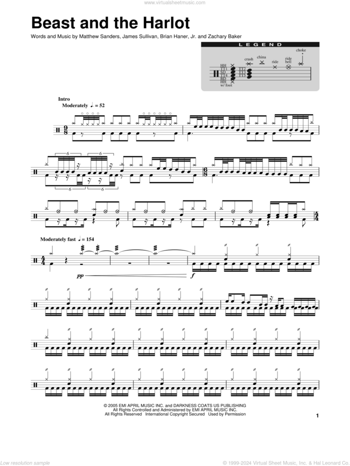 Beast And The Harlot sheet music for drums by Avenged Sevenfold, Brian Haner, Jr., James Sullivan, Matthew Sanders and Zachary Baker, intermediate skill level