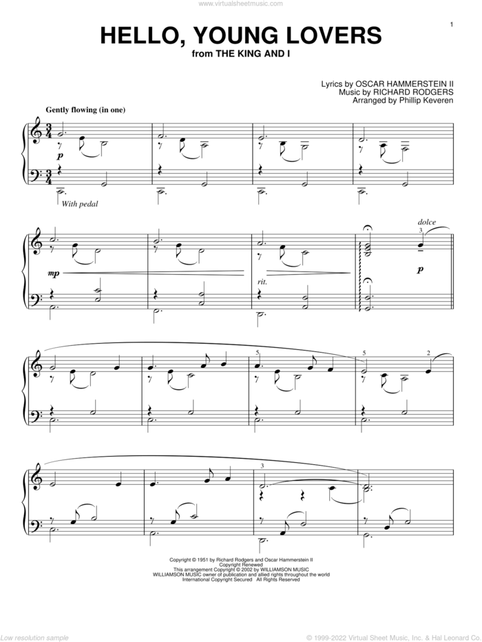 Hello, Young Lovers (arr. Phillip Keveren) sheet music for piano solo by Rodgers & Hammerstein, Phillip Keveren, The King And I (Musical), Oscar II Hammerstein and Richard Rodgers, intermediate skill level