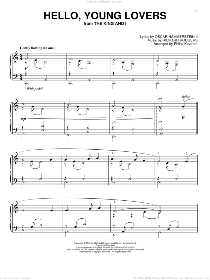 Hello, Young Lovers (arr. Phillip Keveren) sheet music for piano solo by Rodgers & Hammerstein, Phillip Keveren, The King And I (Musical), Oscar II Hammerstein and Richard Rodgers, intermediate skill level