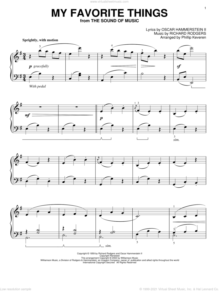 My Favorite Things (from The Sound of Music) (arr. Phillip Keveren) sheet music for piano solo by Rodgers & Hammerstein, Phillip Keveren, The Sound Of Music (Musical), Oscar II Hammerstein and Richard Rodgers, intermediate skill level