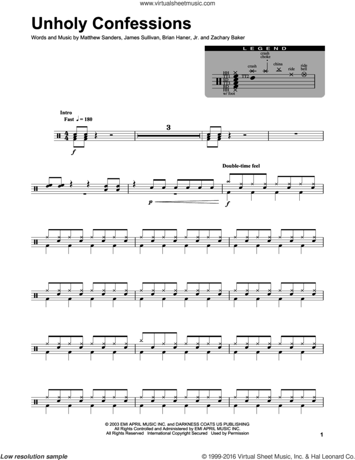 Unholy Confessions sheet music for drums by Avenged Sevenfold, Brian Haner, Jr., James Sullivan, Matthew Sanders and Zachary Baker, intermediate skill level