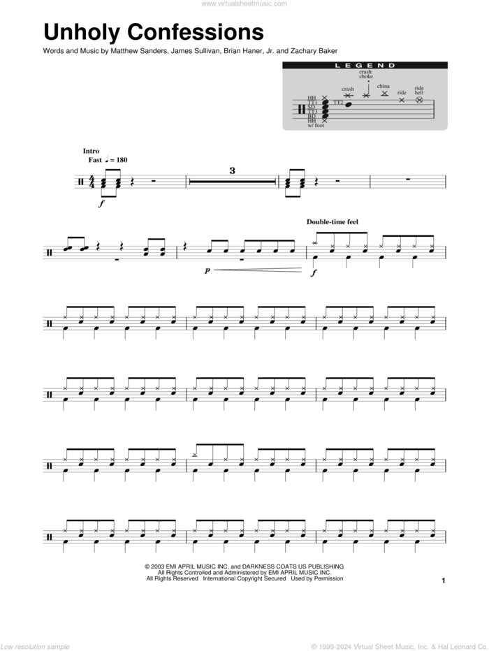 Unholy Confessions sheet music for drums by Avenged Sevenfold, Brian Haner, Jr., James Sullivan, Matthew Sanders and Zachary Baker, intermediate skill level