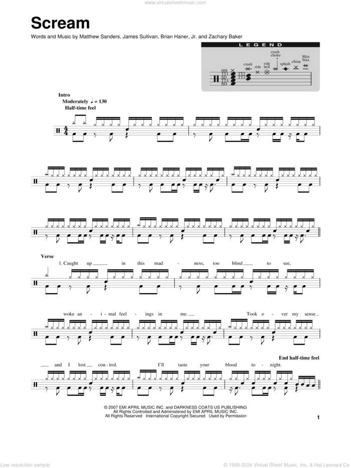 Scream sheet music for drums by Avenged Sevenfold, Brian Haner, Jr., James Sullivan, Matthew Sanders and Zachary Baker, intermediate skill level