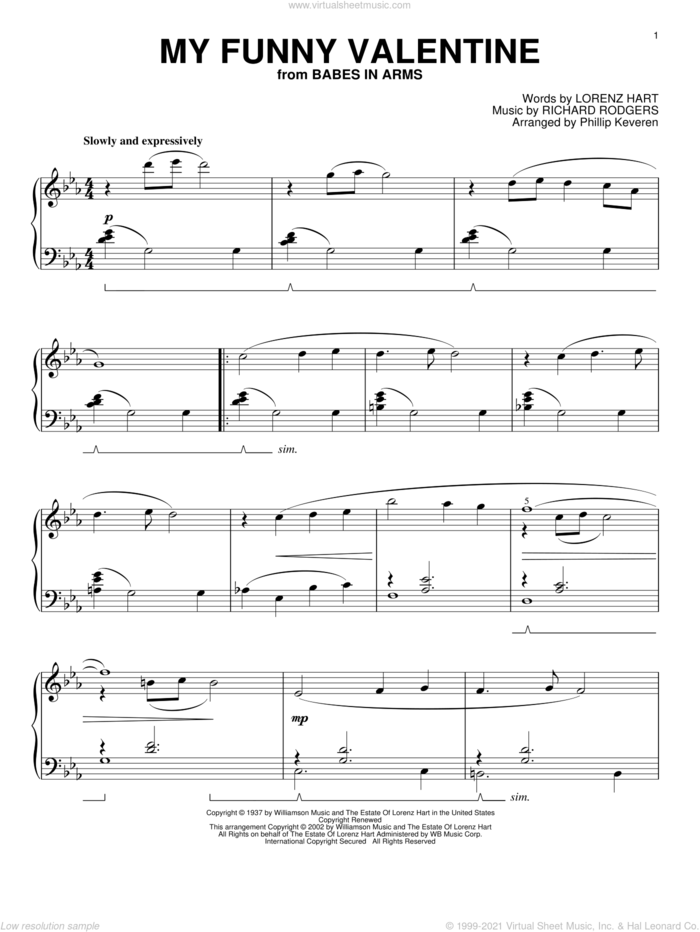 My Funny Valentine (arr. Phillip Keveren) sheet music for piano solo by Rodgers & Hart, Phillip Keveren, Babes In Arms (Musical), Lorenz Hart and Richard Rodgers, intermediate skill level