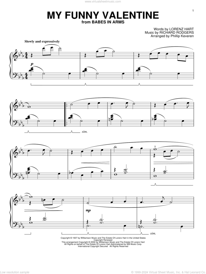 My Funny Valentine (arr. Phillip Keveren) sheet music for piano solo by Rodgers & Hart, Phillip Keveren, Babes In Arms (Musical), Lorenz Hart and Richard Rodgers, intermediate skill level