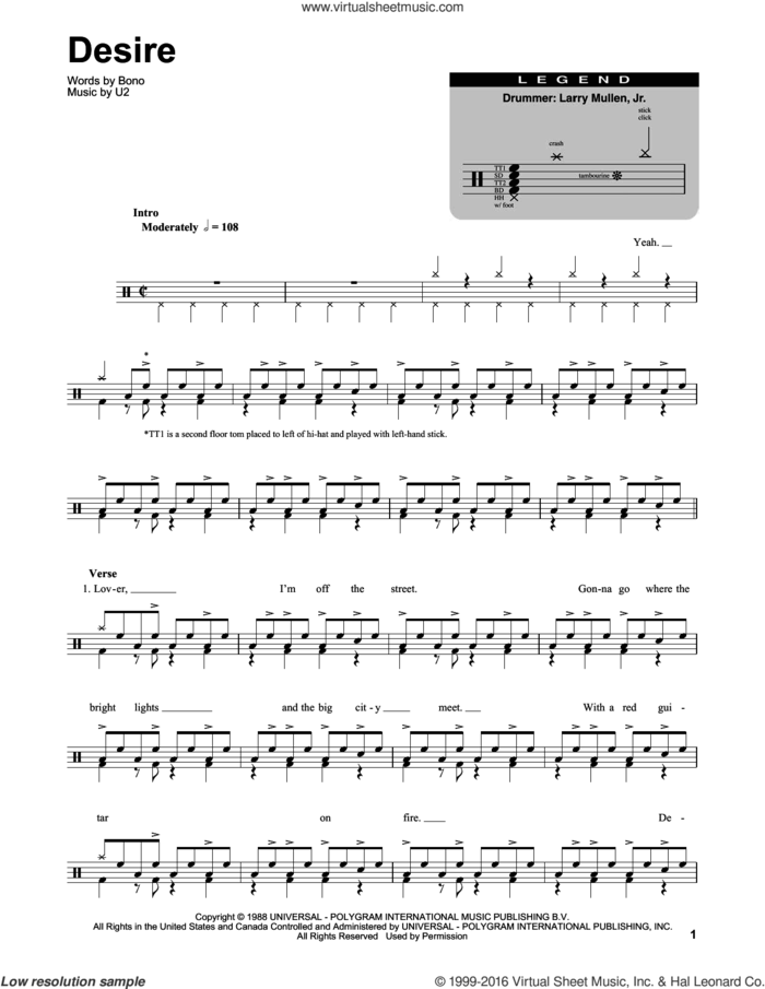 Desire sheet music for drums by U2 and Bono, intermediate skill level