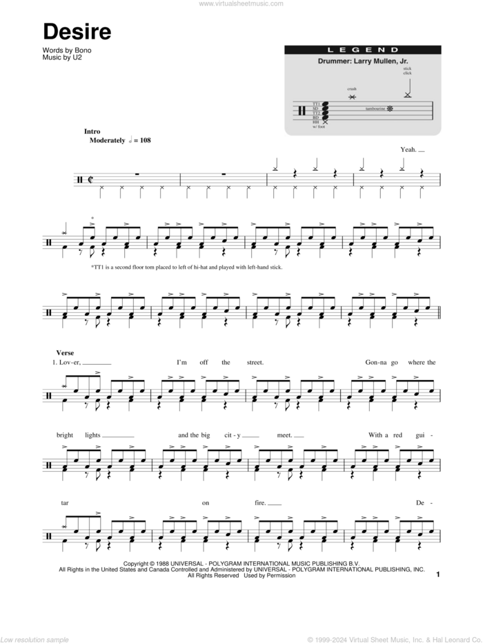 Desire sheet music for drums by U2 and Bono, intermediate skill level