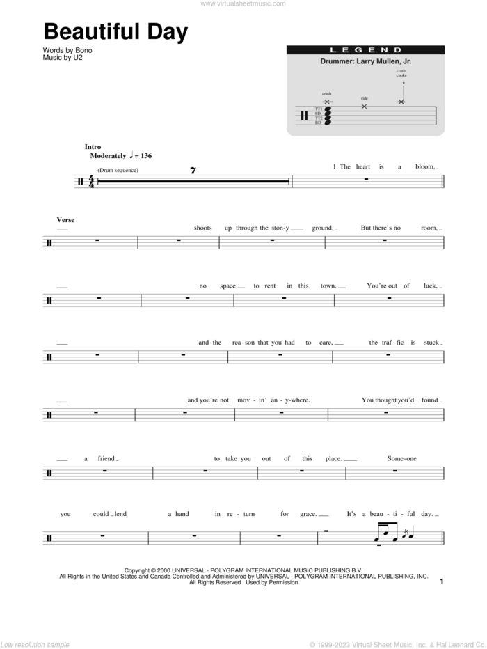 Beautiful Day sheet music for drums by U2, Lee DeWyze and Bono, intermediate skill level