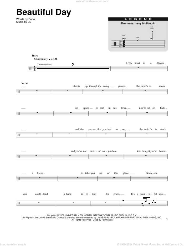 Beautiful Day sheet music for drums by U2, Lee DeWyze and Bono, intermediate skill level