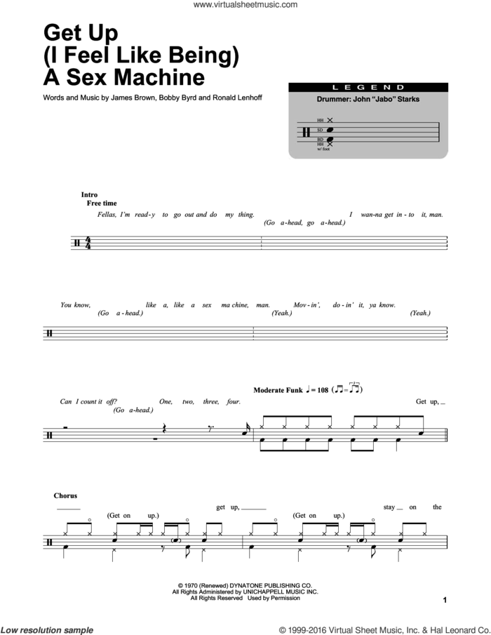 Get Up (I Feel Like Being A Sex Machine) sheet music for drums by James Brown, Bobby Byrd and Ronald Lenhoff, intermediate skill level