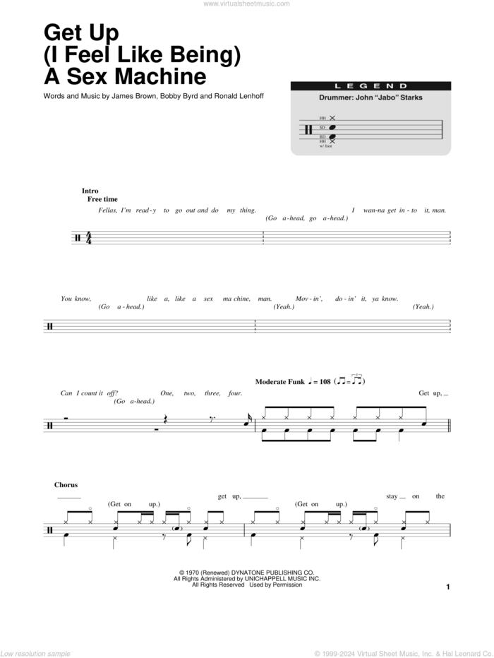 Get Up (I Feel Like Being A Sex Machine) sheet music for drums by James Brown, Bobby Byrd and Ronald Lenhoff, intermediate skill level