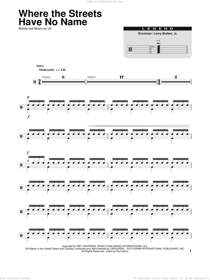 Where The Streets Have No Name sheet music for drums by U2, intermediate skill level