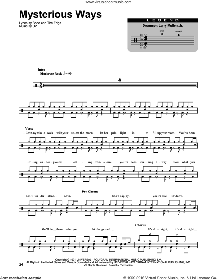 Mysterious Ways sheet music for drums by U2, Bono and The Edge, intermediate skill level