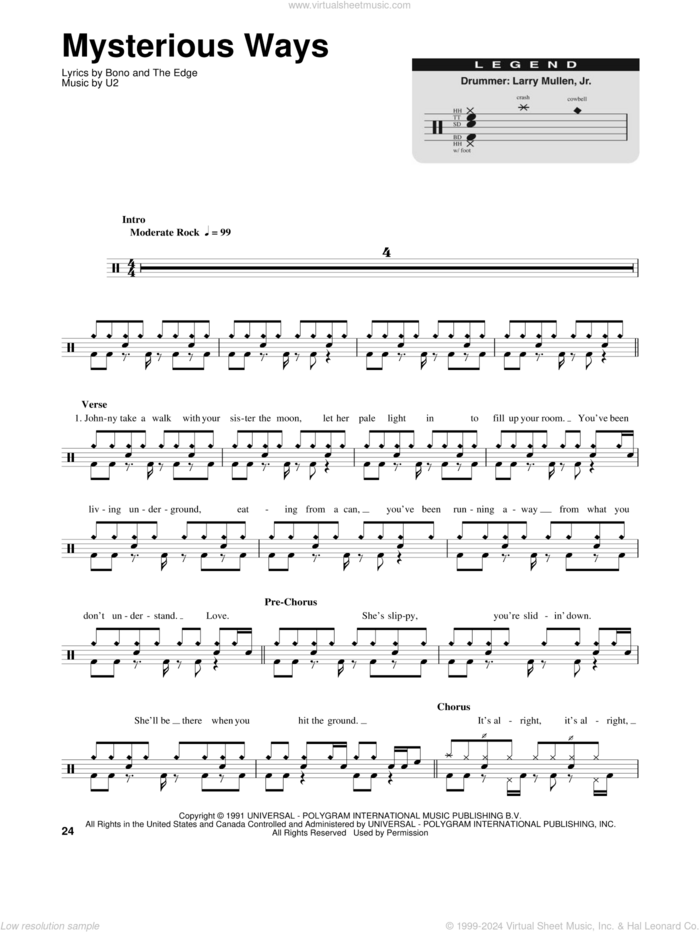 Mysterious Ways sheet music for drums by U2, Bono and The Edge, intermediate skill level