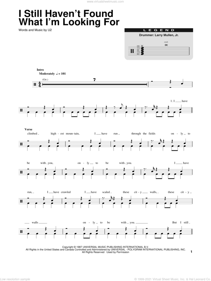 I Still Haven't Found What I'm Looking For sheet music for drums by U2 and David Cook, intermediate skill level