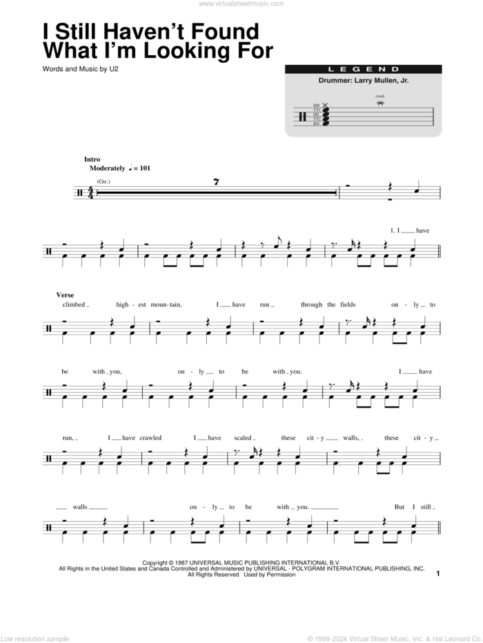 I Still Haven't Found What I'm Looking For sheet music for drums by U2 and David Cook, intermediate skill level