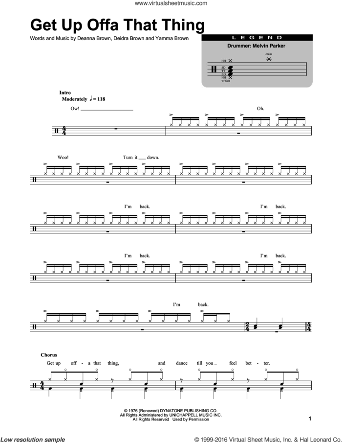 Get Up Offa That Thing sheet music for drums by James Brown, Deanna Brown, Deidra Brown and Yamma Brown, intermediate skill level