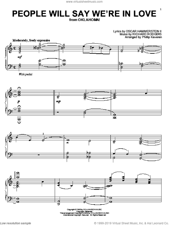 People Will Say We're In Love (from Oklahoma!) (arr. Phillip Keveren) sheet music for piano solo by Rodgers & Hammerstein, Phillip Keveren, Oklahoma! (Musical), Oscar II Hammerstein and Richard Rodgers, intermediate skill level