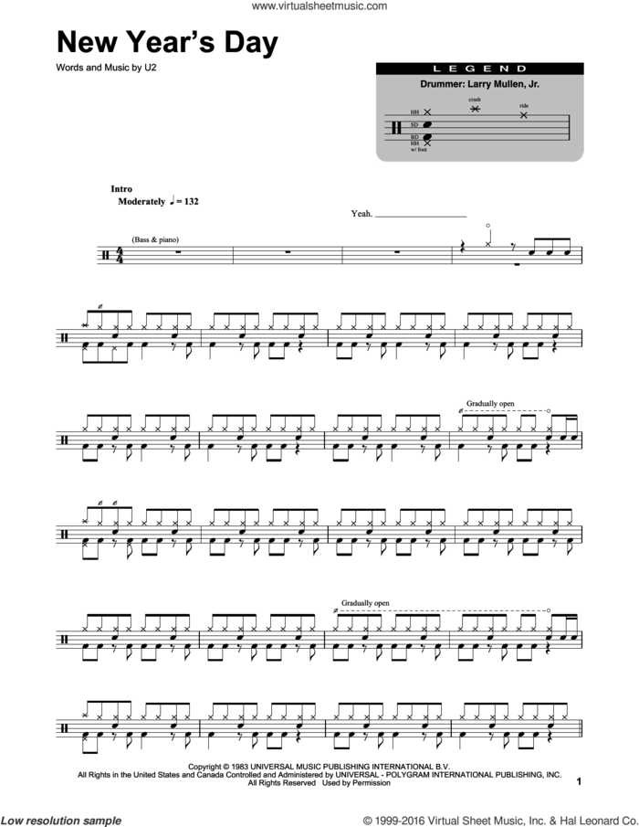 New Year's Day sheet music for drums by U2, intermediate skill level