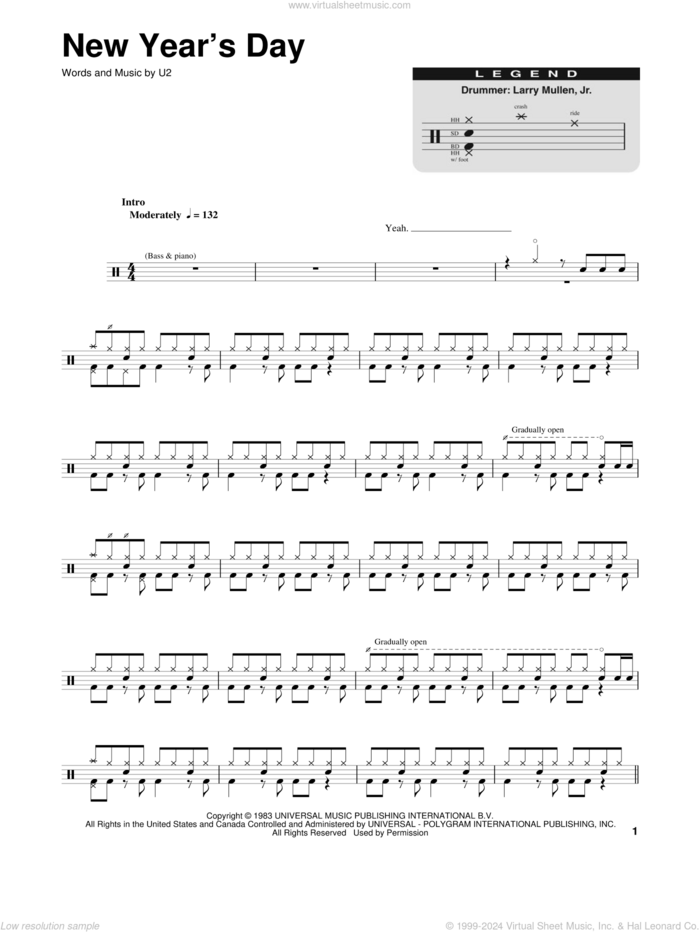 New Year's Day sheet music for drums by U2, intermediate skill level